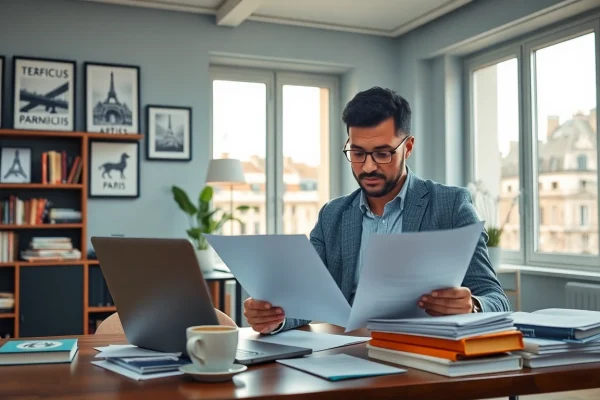 Traducteur assermenté professionnel à Paris examinant des documents dans un bureau lumineux.