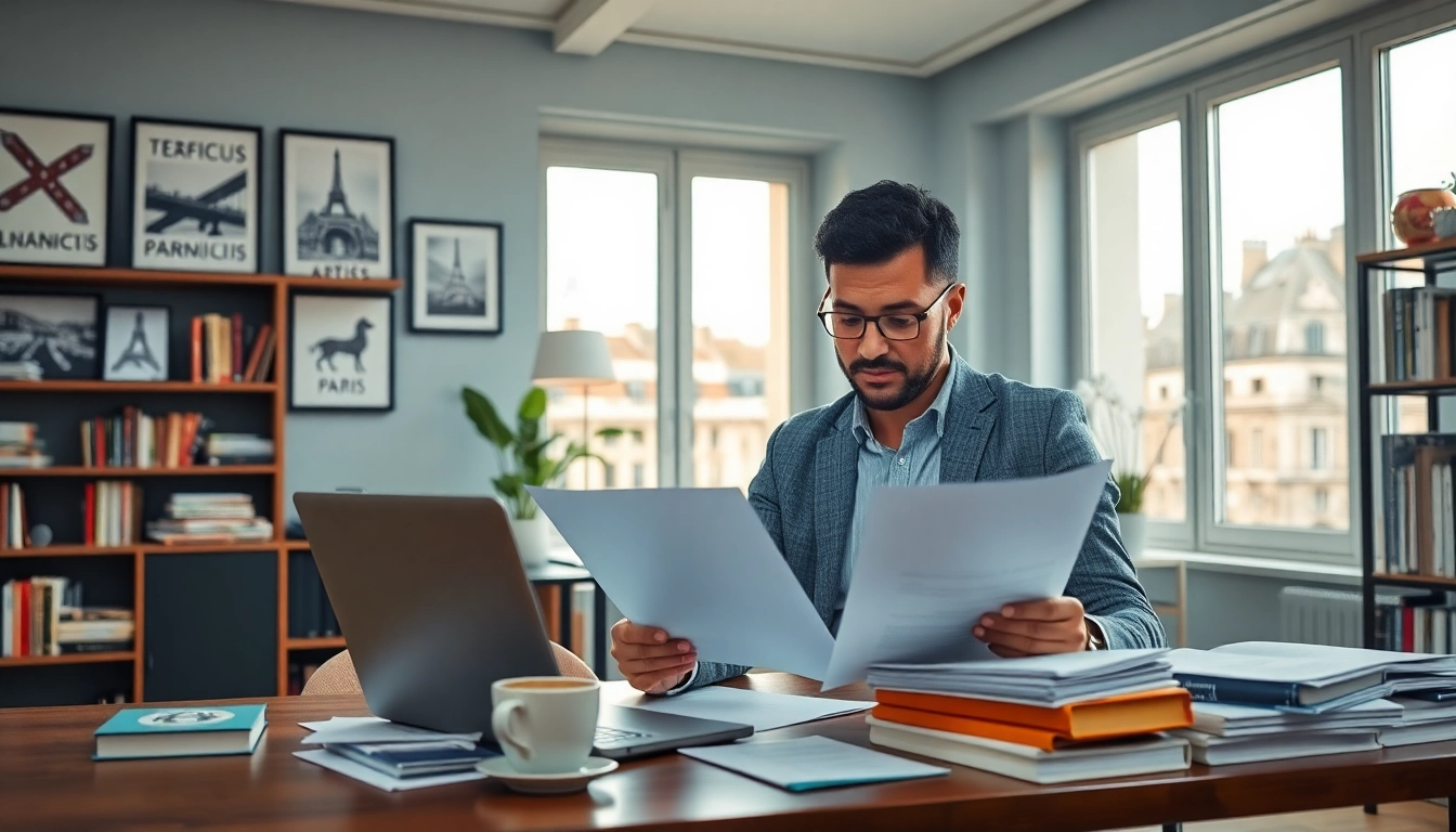 Traducteur assermenté professionnel à Paris examinant des documents dans un bureau lumineux.
