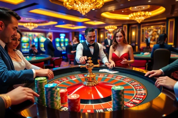 The lively atmosphere of a casino with players engaged at the roulette table, showcasing excitement and betting action linked to https://tr88.bio/.