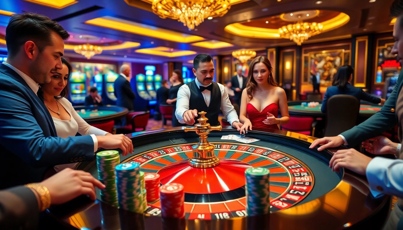 The lively atmosphere of a casino with players engaged at the roulette table, showcasing excitement and betting action linked to https://tr88.bio/.