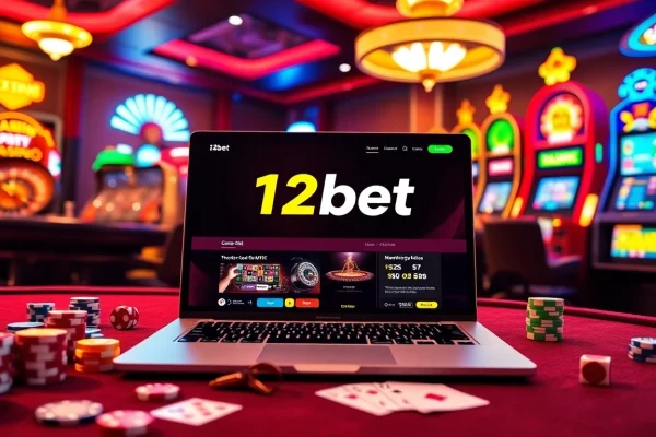 Engage in thrilling online gaming with link 12bet showcased in a vibrant, luxurious casino setting.