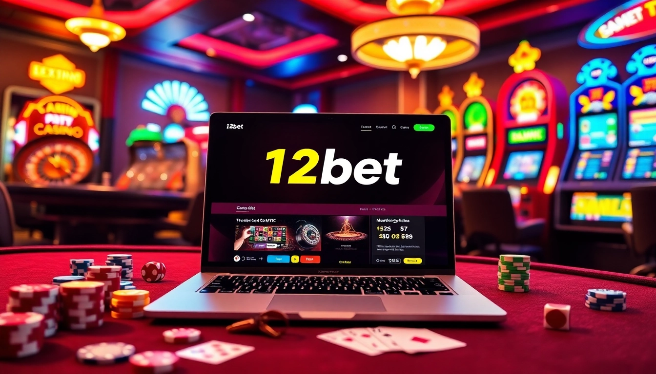 Engage in thrilling online gaming with link 12bet showcased in a vibrant, luxurious casino setting.