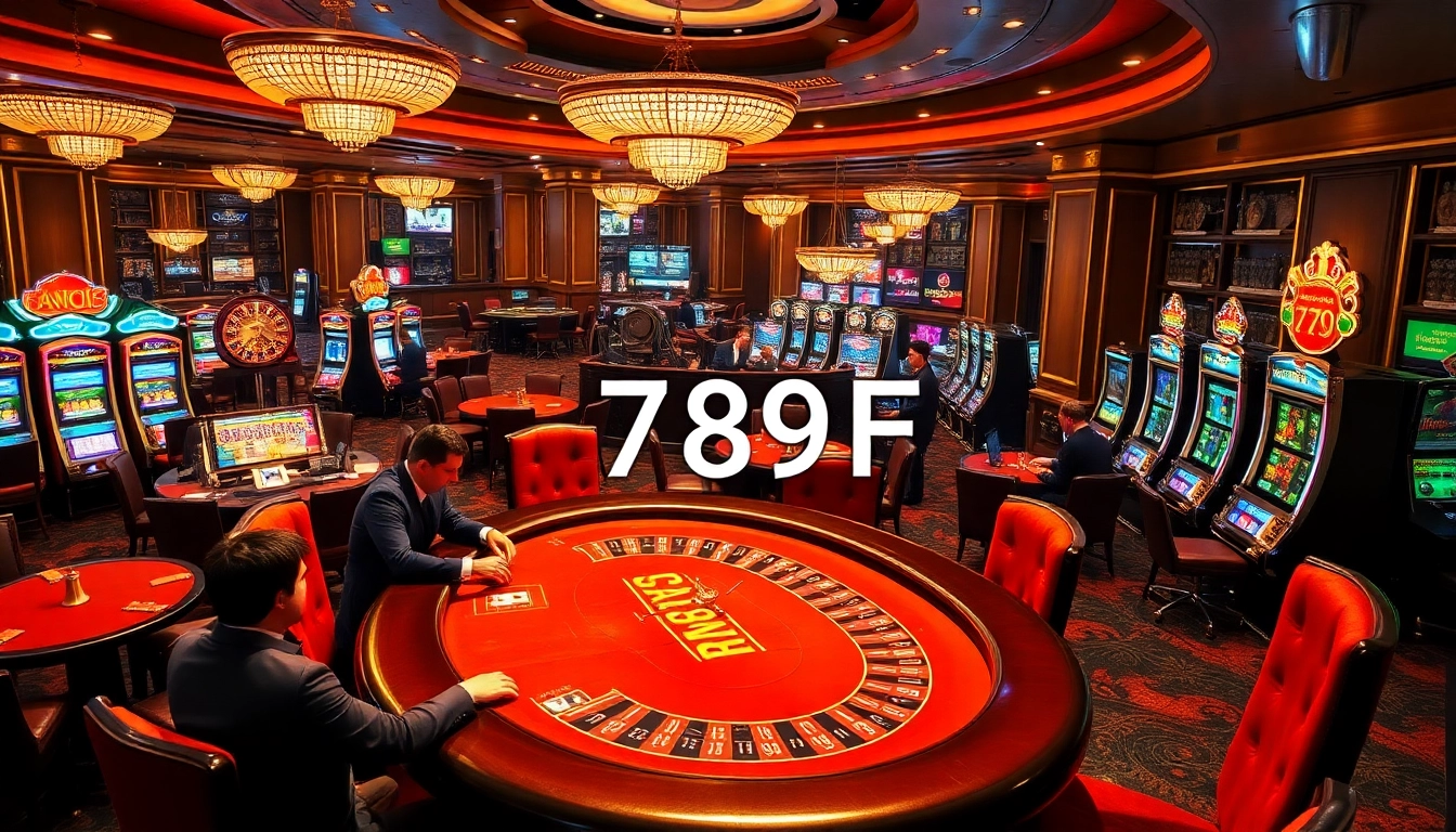 Experience the thrill of 789F casino gaming with a colorful array of poker tables and vibrant slot machines.