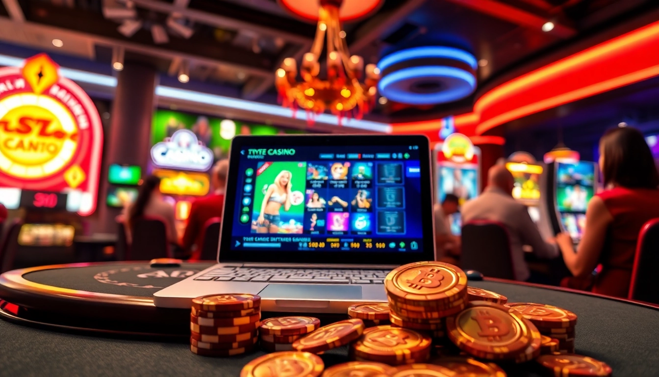 Jouer à des jeux dans un crypto casino moderne avec un paysage numérique vibrant.