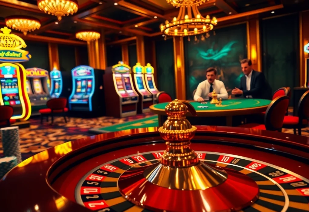 Exciting casino gaming scene showcasing bets and strategies at https://f8bet.dental/ with roulette, poker chips, and slot machines.