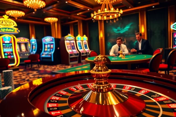 Exciting casino gaming scene showcasing bets and strategies at https://f8bet.dental/ with roulette, poker chips, and slot machines.