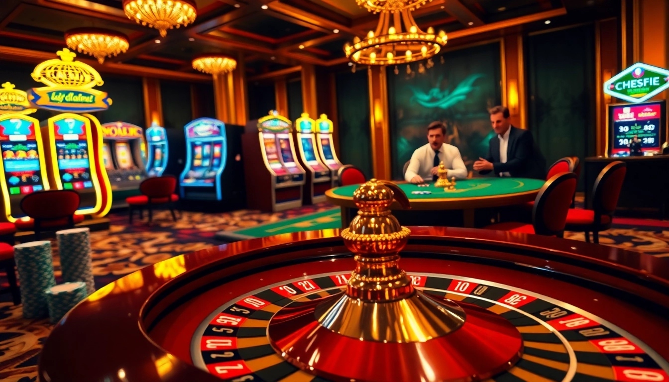 Exciting casino gaming scene showcasing bets and strategies at https://f8bet.dental/ with roulette, poker chips, and slot machines.