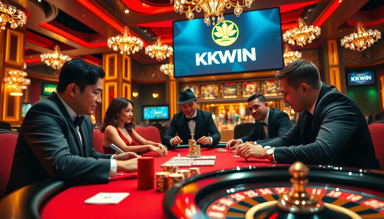 High-stakes poker action at https://kkwin.fan/ capturing excitement and player strategies in a luxurious casino setting.