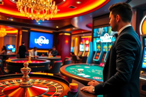 uu88 players enjoying a lively poker game amidst vibrant casino elements.