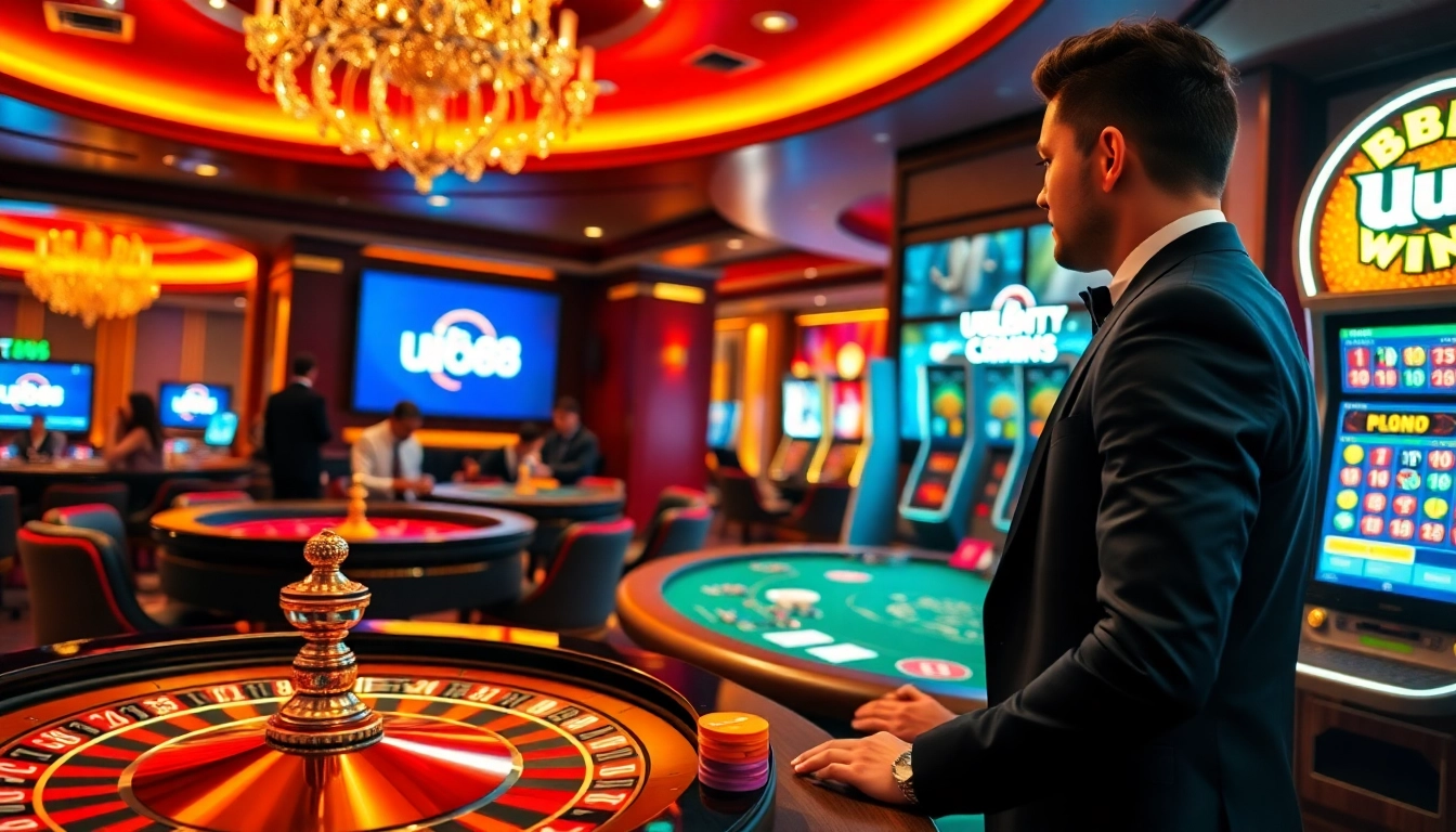 uu88 players enjoying a lively poker game amidst vibrant casino elements.