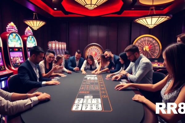 Gambling enthusiasts enjoying casino games at RR88 with vibrant slot machines and a roulette wheel.