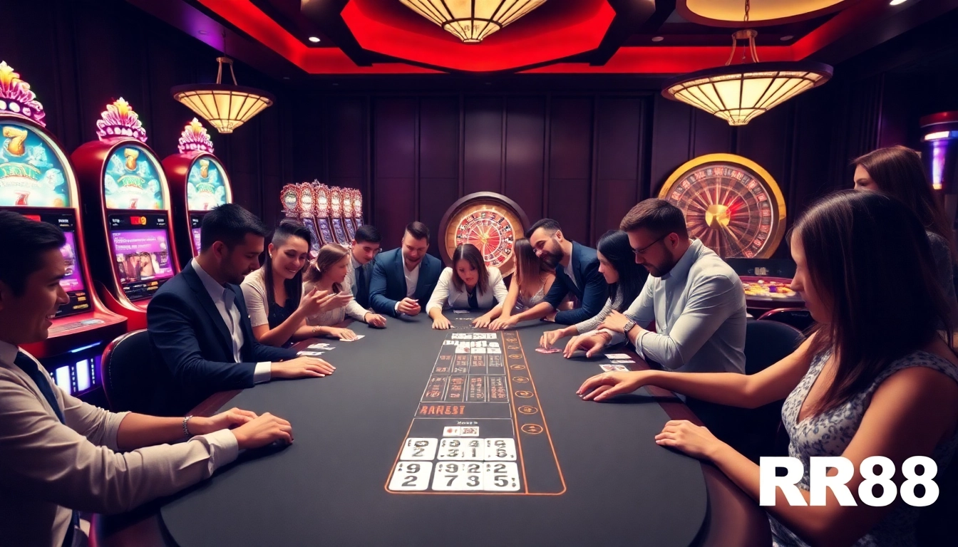 Gambling enthusiasts enjoying casino games at RR88 with vibrant slot machines and a roulette wheel.