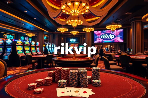 Players enjoying games at RIKVIP casino, featuring modern poker tables and exciting slot machines.
