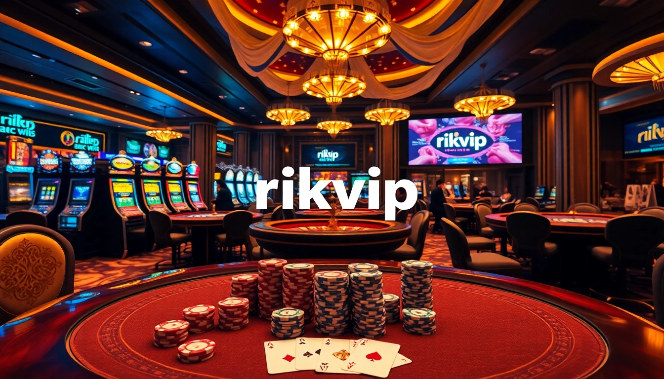 Players enjoying games at RIKVIP casino, featuring modern poker tables and exciting slot machines.
