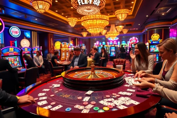 FLY88 casino table with vibrant poker chips and excited players enjoying the gaming experience.
