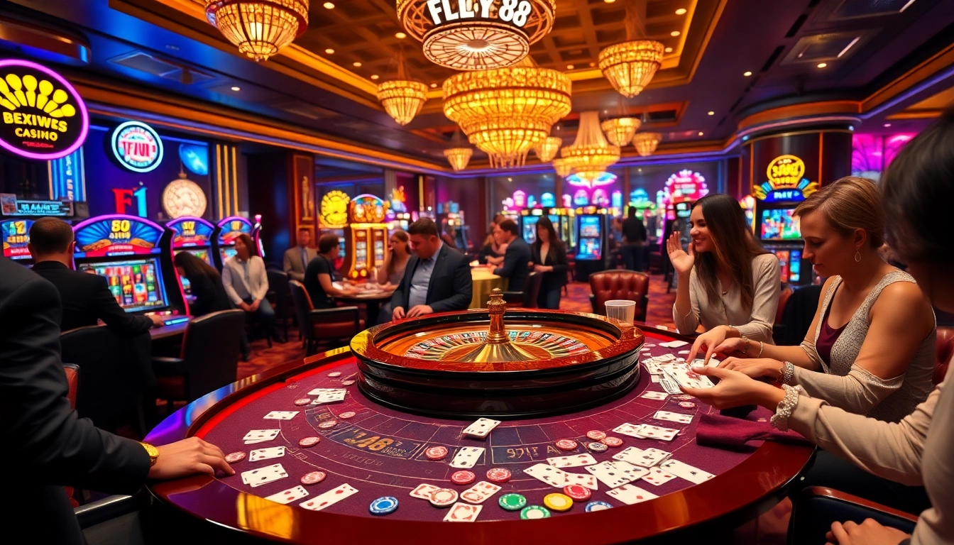 FLY88 casino table with vibrant poker chips and excited players enjoying the gaming experience.