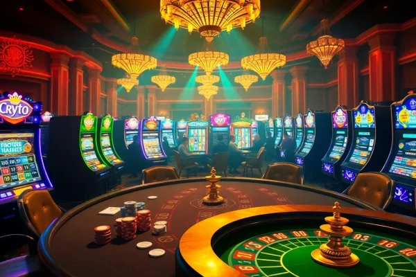 Scène captivante de casinos crypto avec des tables de poker et des machines à sous colorées.