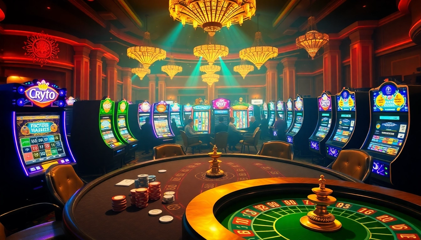 Scène captivante de casinos crypto avec des tables de poker et des machines à sous colorées.