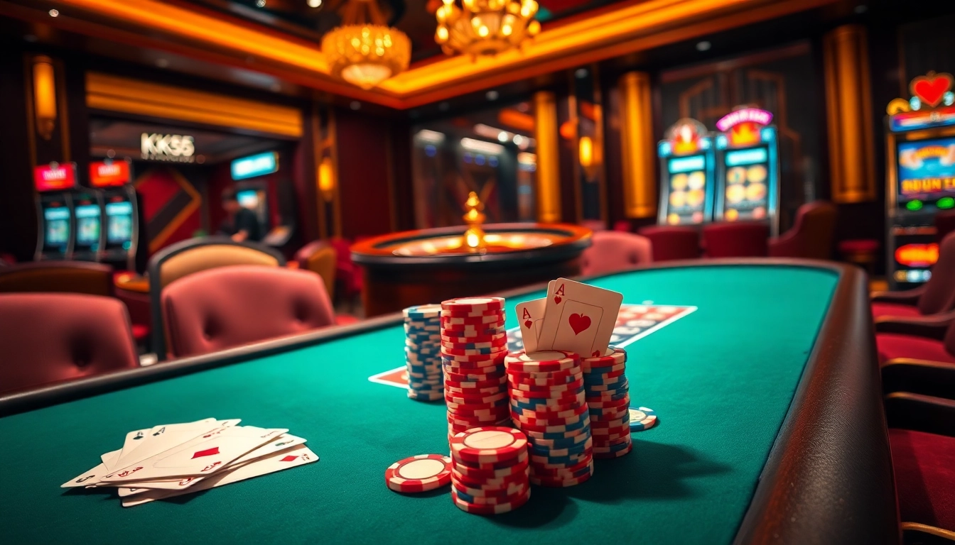 Engage in thrilling poker action at KK55's luxurious casino with vibrant chips and cards.