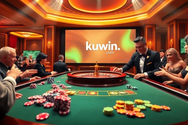 Kuwin.com highlights a luxurious casino atmosphere with poker chips and a roulette table surrounded by excited players.