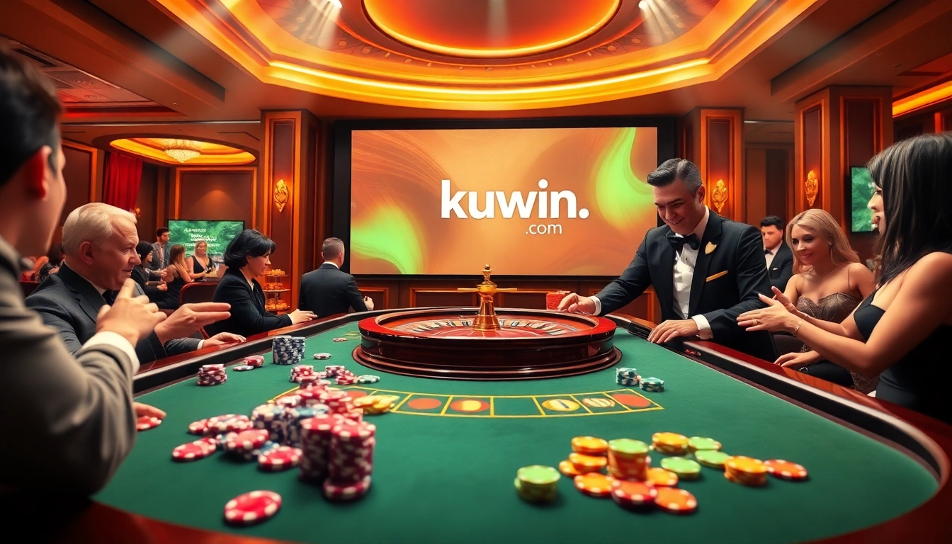 Kuwin.com highlights a luxurious casino atmosphere with poker chips and a roulette table surrounded by excited players.